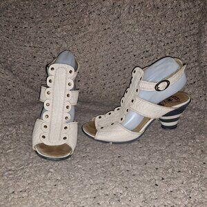 VINTAGE FLY GIRL-FLY LONDON-Prune-Beige Studded Leather-Sz 41/9.5-Excellent